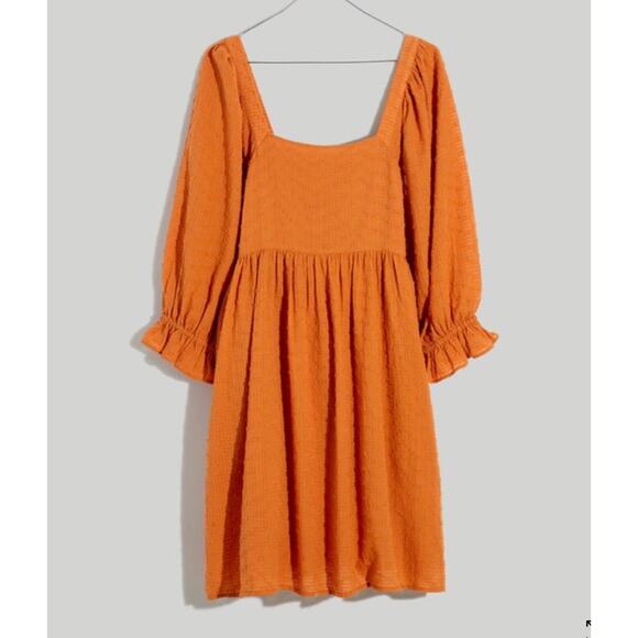 NWT Madewell Size 8 Orange Puff-Sleeve Babydoll Mini Dress Peasant Cotton - Picture 1 of 9